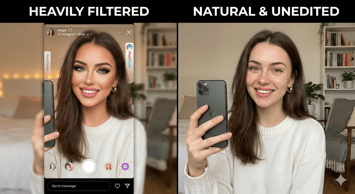 Side-by-side comparison of a heavily filtered selfie and natural, unedited portrait