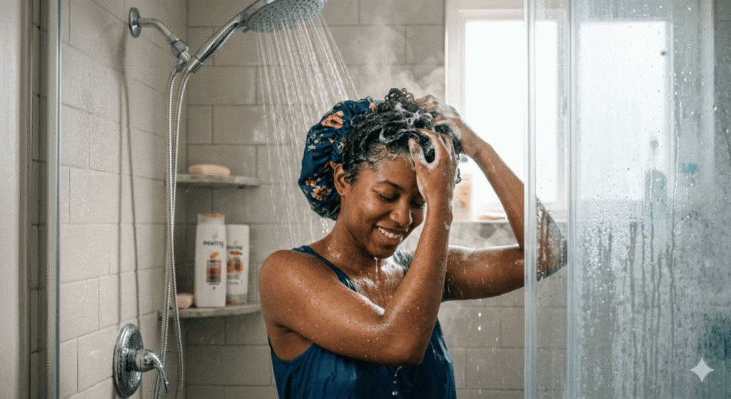 a lady washing her hair under the shower
