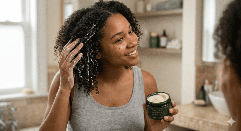 a lady moisturizing her hair
