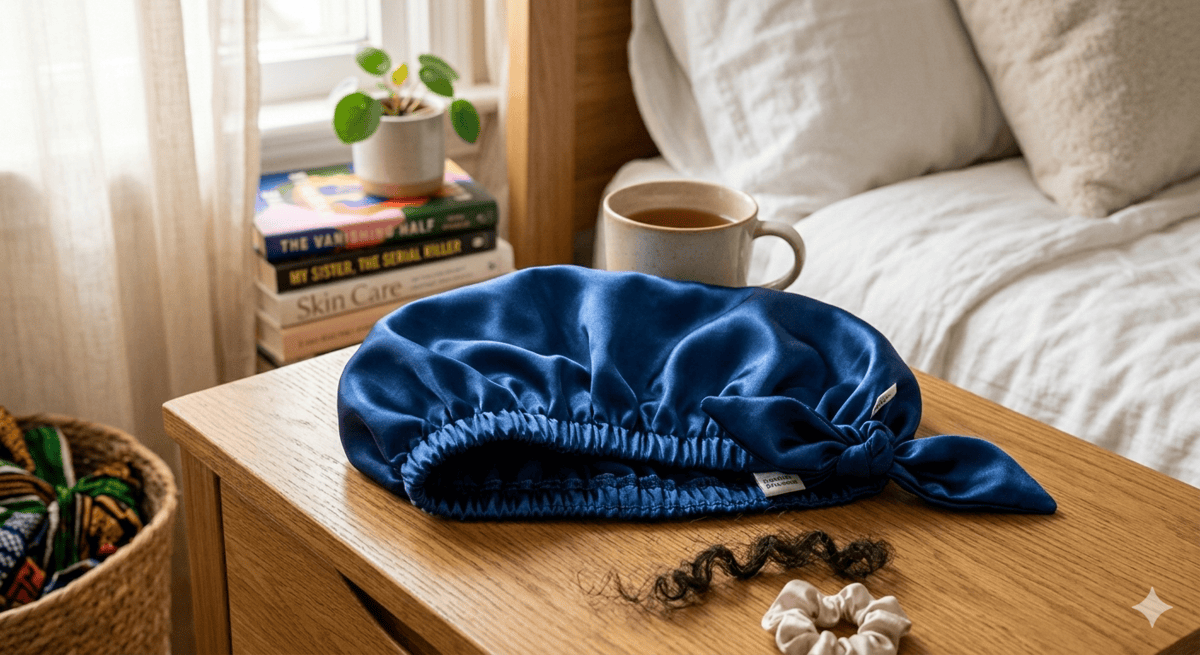 satin hair bonnet on the table